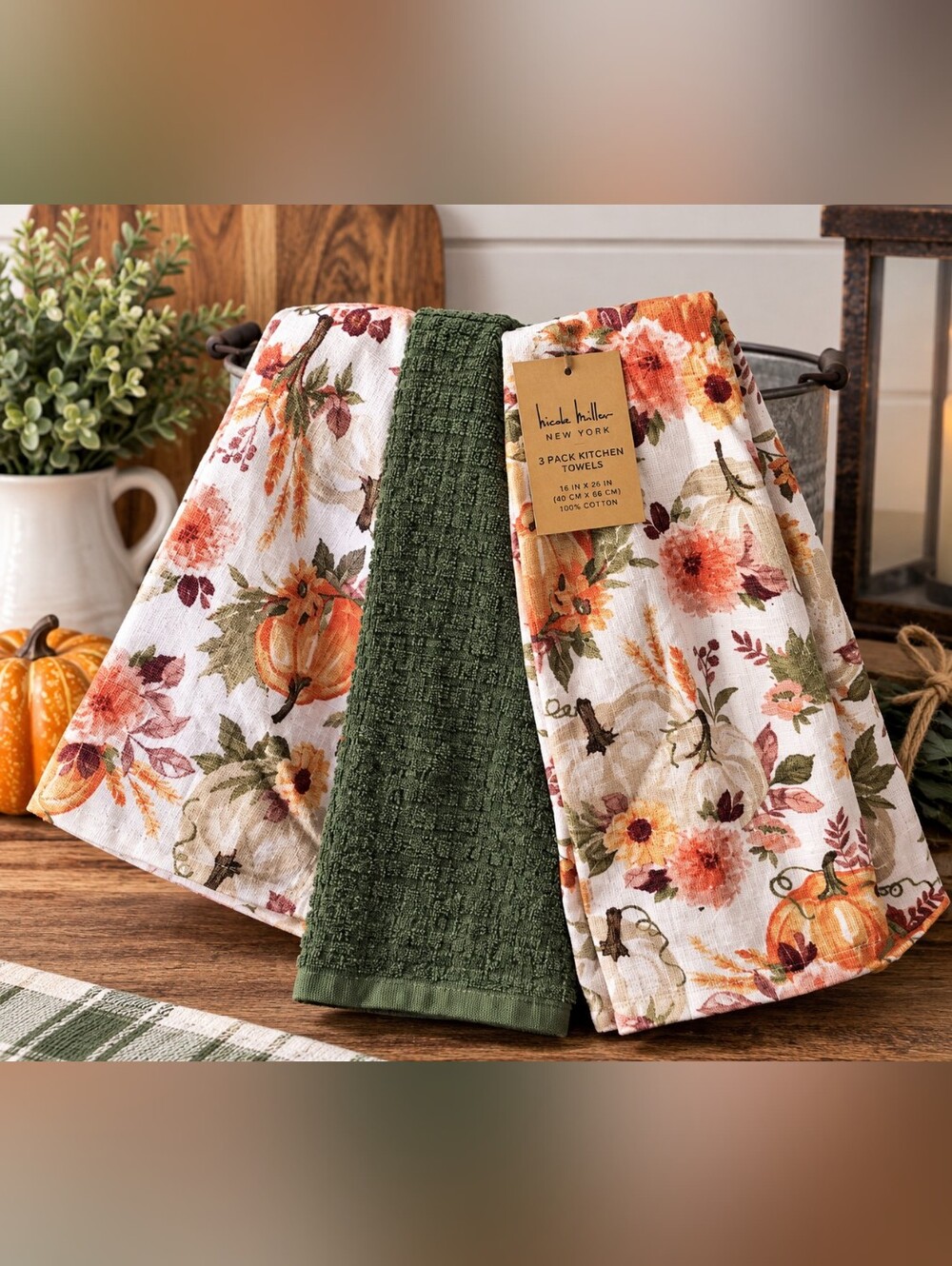 Nicole Miller Floral & Green Cotton Kitchen Towel Trio